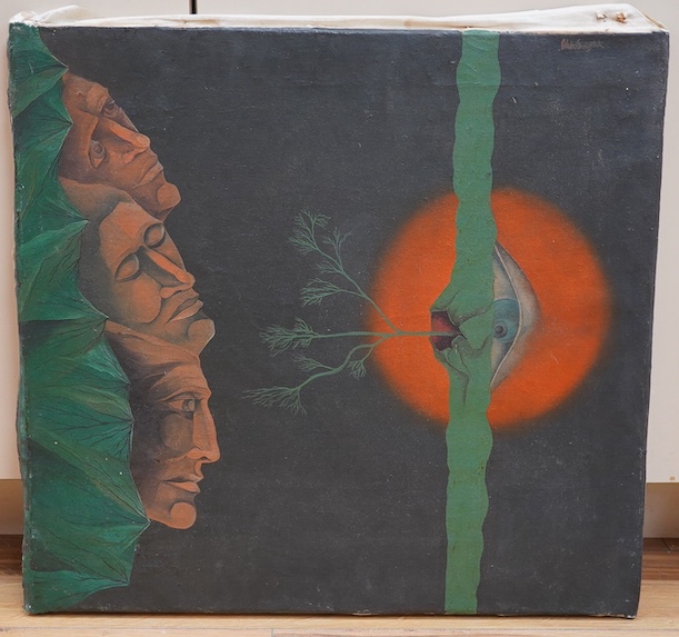 1960’s Continental school, oil on canvas, Surreal composition, Three faces, indistinctly signed upper right, 49 x 53cm, unframed. Condition - fair to good